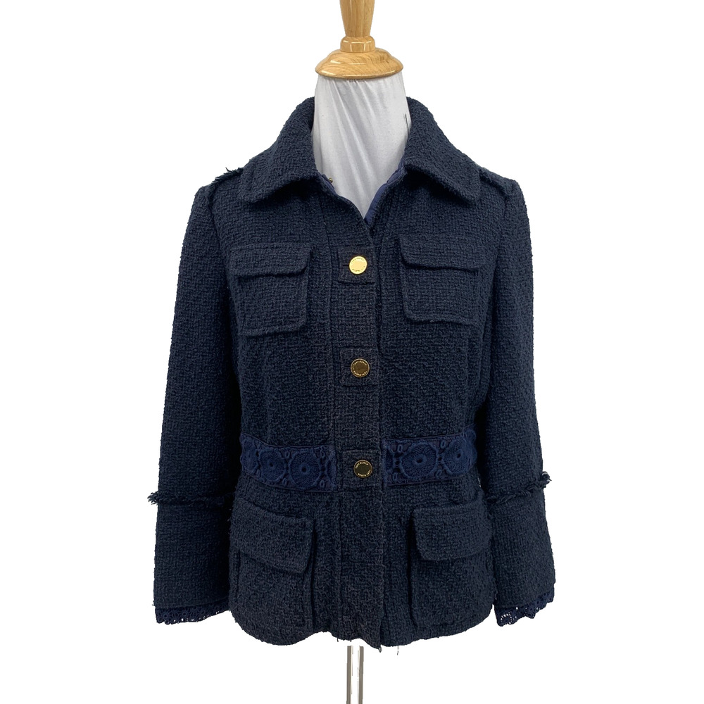 Tory Burch Blazer Womens 4 Navy Wool Blend Tweed Gold Buttons Lace Trim *READ